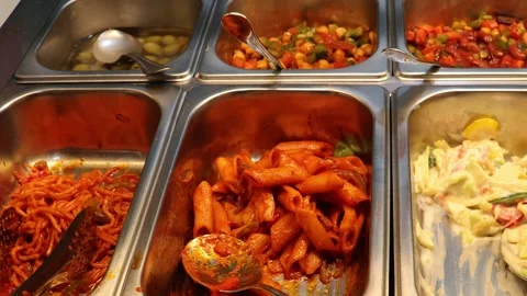 Buffet Table with Variety of Dishes for Catering Stock Footage 300278320