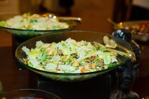 Buffet table with various salads and snacks Stock Photos