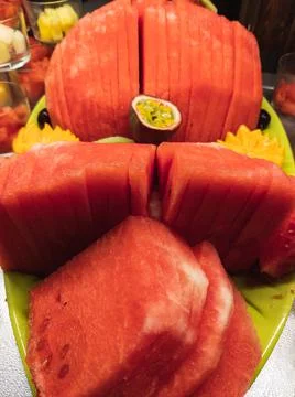 Buffet tray with sliced watermelon chunks Stock Photos