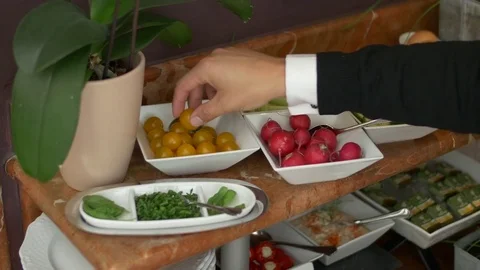 Buffet with vegetables and cheese platter Stock-Footage 79654606