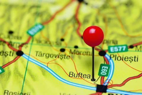 Buftea pinned on a map of Romania Stock-Fotos
