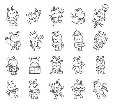 Bug animal character set in outline line art Stock Illustration