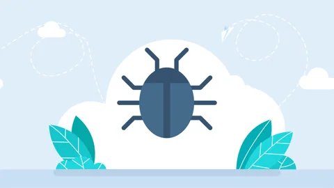 Bug, beetle. Find errors, software testing. Computer virus. Blue beetle on white Stock Footage 265650164