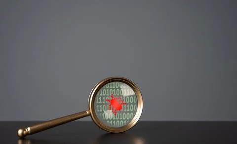 Bug in the code in the magnifying glass. Debugging, testing and code review.  写真素材