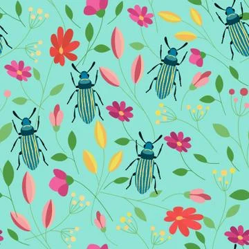 Bug colorful seamless pattern. Floral summer background Stock Illustration