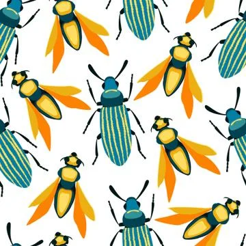 Bug colorful seamless pattern on white. Insect summer background Illustrazione stock