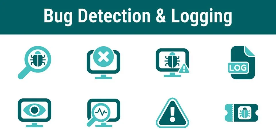 Bug Detection And Logging Icons Set 库存插图
