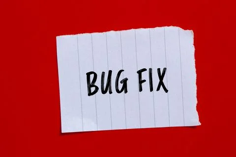 Bug fix words written on ripped paper with red background. Conceptual bug fix Stock-Fotos