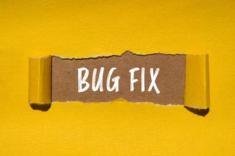 Bug fix words written on ripped yellow paper with brown background. Conceptua Foto stock