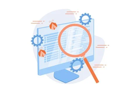 Bug fixing and software testing. Computer virus searching tool. Devops, web.. Stock Illustration