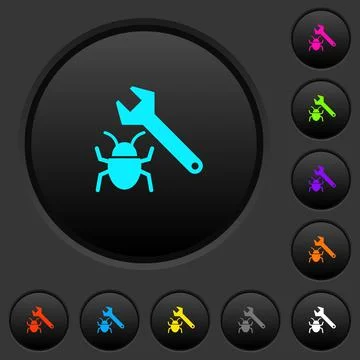 Bug fixing dark push buttons with color icons Illustrazione stock