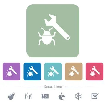 Bug fixing flat icons on color rounded square backgrounds Illustrazione stock