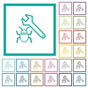 Bug fixing outline flat color icons with quadrant frames Stock Illustration