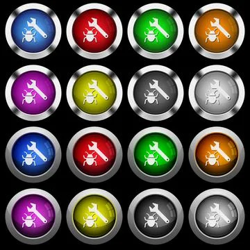 Bug fixing white icons in round glossy buttons on black background Stock Illustration