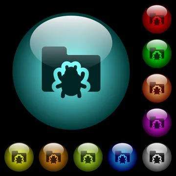 Bug folder icons in color illuminated glass buttons Illustrazione stock
