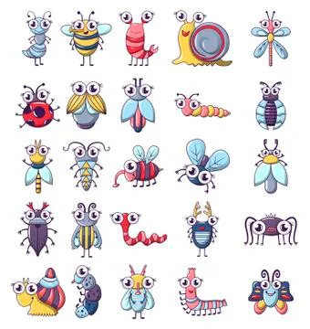 Bug funny insect icons set, cartoon style Stock Illustration