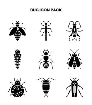 Bug Glyph SVG Icons Pack Stock Illustration