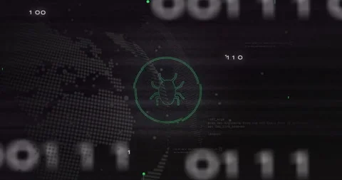 Bug icon and binary code animation over digital world map background Stock Footage 308901615