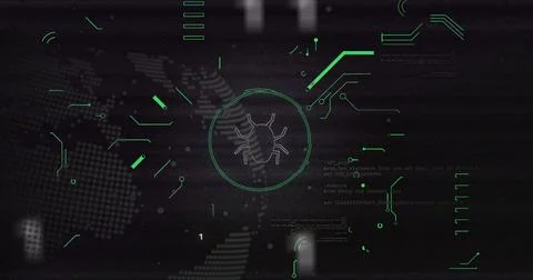 Bug icon and binary code image over digital world map background Stock Photos