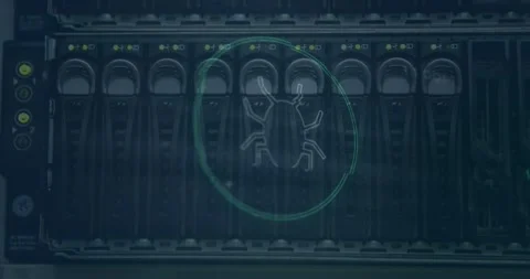 Bug icon and microprocessor connections against close up of a computer server Vídeo Stock 196888532