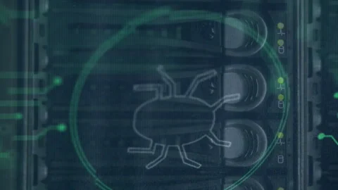 Bug icon and microprocessor connections against close up of a computer server Stock Footage 314114455