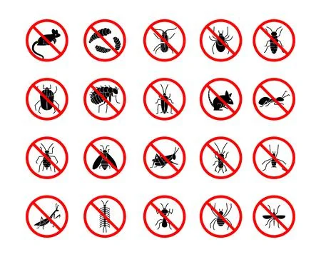 Bug insecticide. Anti insect or rat icons. Red crossed symbols. Fly pest blac Illustration