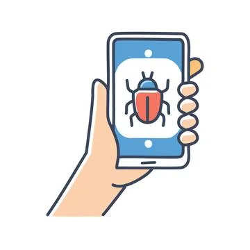 Bug on phone screen. Hand holding phone with bug on screen, representing a .. Stock Illustration