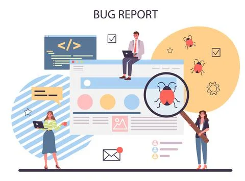 Bug report concept. Application or website code test process Stock Illustration