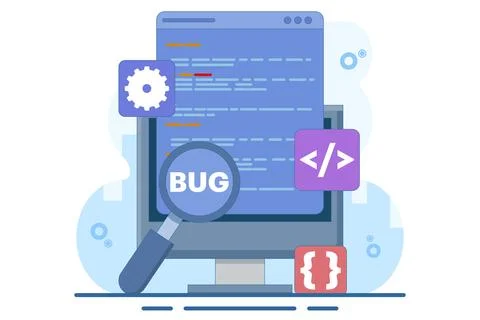 Bug Report Concept, bug magnifier on data software campaign. Stockillustratie