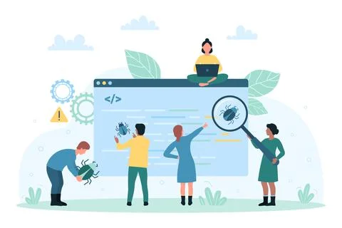 Bug report, error of software, tiny testers look through magnifying glass at bug Illustrazione stock