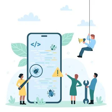 Bug report on phone screen, tiny programmers search software error with Ilustración de archivo
