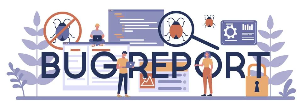 Bug report typographic header concept. Application or website Illustrazione stock
