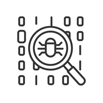 Bug search icon in line design. bug, search, magnifier, virus, malware, hacker Stock-Illustration