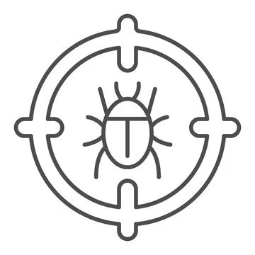 Bug in target thin line icon, web security concept, antivirus sign on white Illustrazione stock