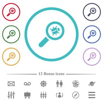 Bug tracking flat color icons in circle shape outlines Stock Illustration