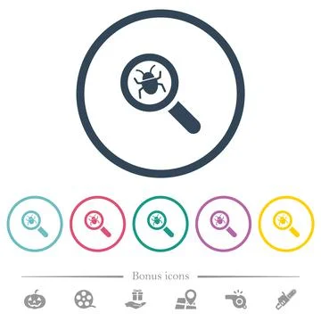 Bug tracking flat color icons in round outlines Stock Illustration