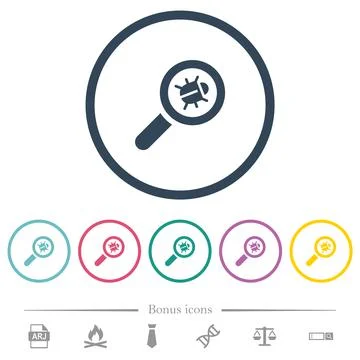 Bug tracking flat color icons in round outlines Stock Illustration