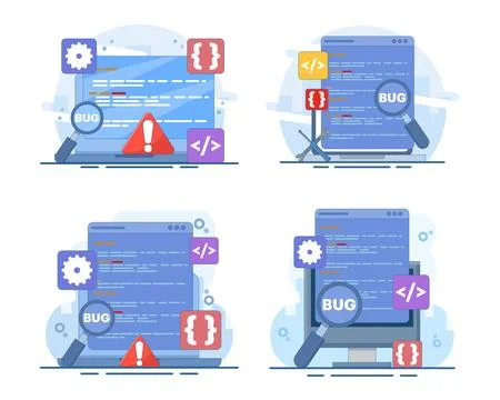 Bug tracking report set featuring magnifying glass, software errors. Stock Illustration