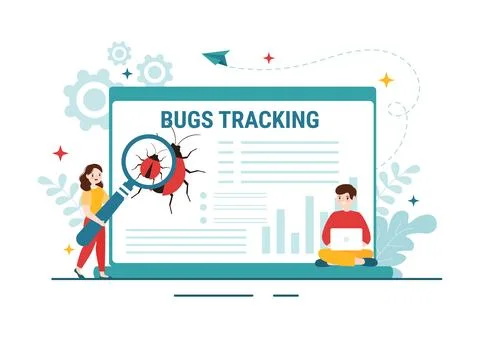Bug Tracking Vector Illustration with Mobile Phone Protection from Computer.. Stock Illustration
