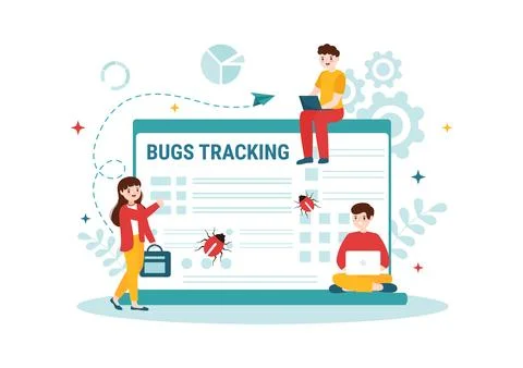 Bug Tracking Vector Illustration with Mobile Phone Protection from Computer.. Stock Illustration