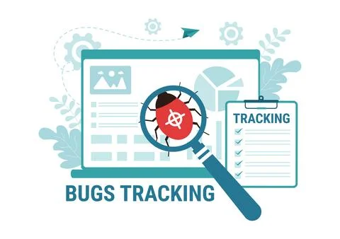 Bug Tracking Vector Illustration with Mobile Phone Protection from Computer.. 스톡 일러스트