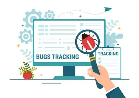 Bug Tracking Vector Illustration with Mobile Phone Protection from Computer.. 스톡 일러스트