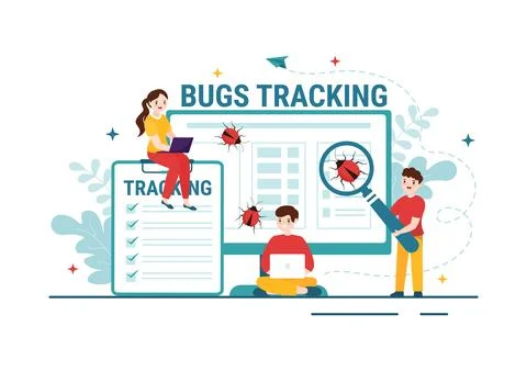 Bug Tracking Vector Illustration with Mobile Phone Protection from Computer.. 스톡 일러스트