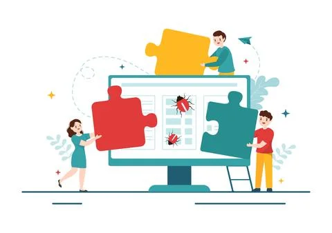 Bug Tracking Vector Illustration with Mobile Phone Protection from Computer.. 스톡 일러스트