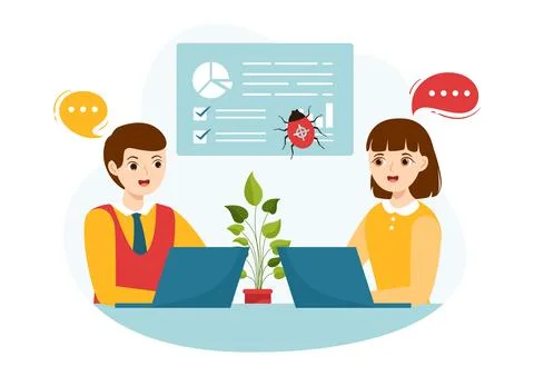 Bug Tracking Vector Illustration with Mobile Phone Protection from Computer.. 스톡 일러스트