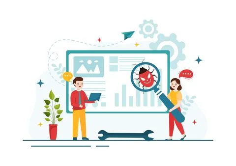 Bug Tracking Vector Illustration with Mobile Phone Protection from Computer.. Stock Illustration