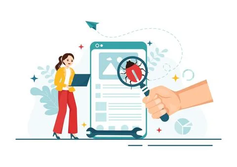 Bug Tracking Vector Illustration with Mobile Phone Protection from Computer.. Stock Illustration