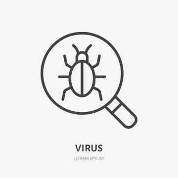 Bug under glass flat line icon. Malware vector illustration. Thin sign of Illustrazione stock