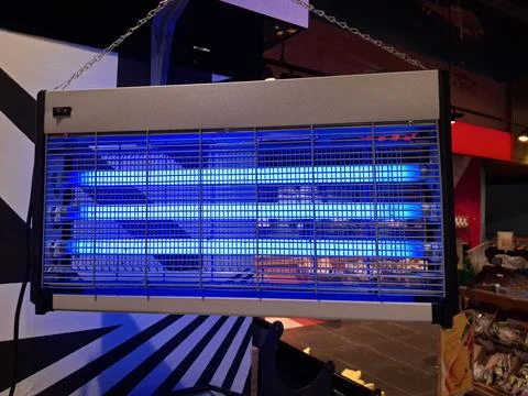 Bug zapper. Electronic mosquito killer lantern, UV lamp trap in shop 库存照片