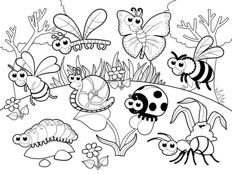 Bugs + 1 snail with background in blach and white. Stock-Illustration
